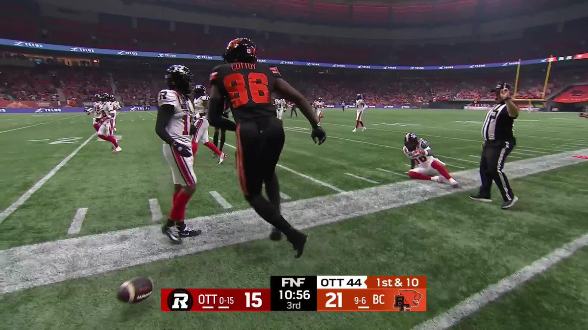 An FNF Friday Night Football broadcast shows BC leading OTT 21-15 with 10:56 left in the 3rd quarter, 1st & 10 at the OTT 44 yard line, featuring BC player #36 Cotton and a referee on the field.
