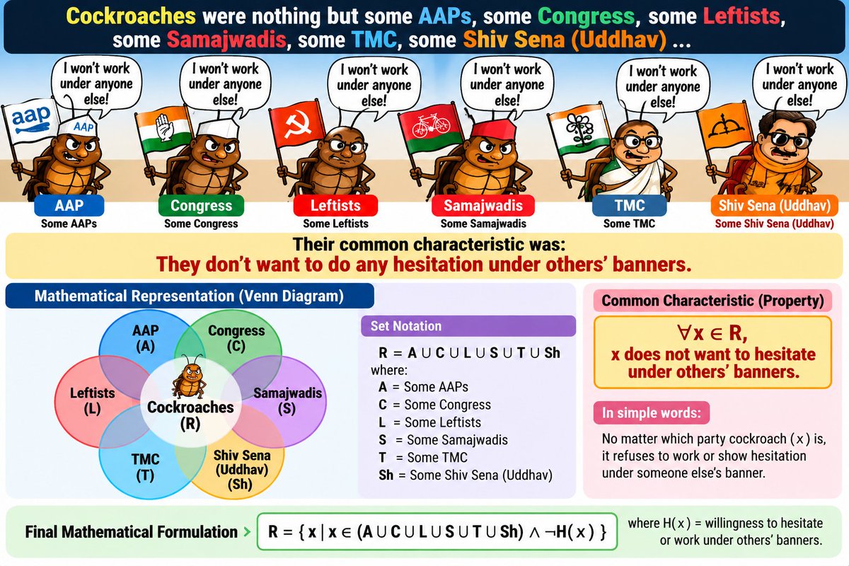 AnsumanWrites's tweet photo. The so-called “cockroaches” were never a single political force. They were a mixed collection of AAP supporters, Congress loyalists, Leftists, Samajwadis, TMC supporters, and members of Shibu Soren’s party (JMM).

Different parties. Different ideologies. Different political ambitions.

But they all seemed to share one common characteristic: nobody wanted to stand under somebody else’s banner.

The irony? Everyone wanted unity, but everyone wanted to lead it. 😂

Political Mathematics:

AAP + Congress + Left + SP + TMC + JMM = Many Banners

Many Banners + Competing Egos − Common Leadership = Political Chaos! 😂