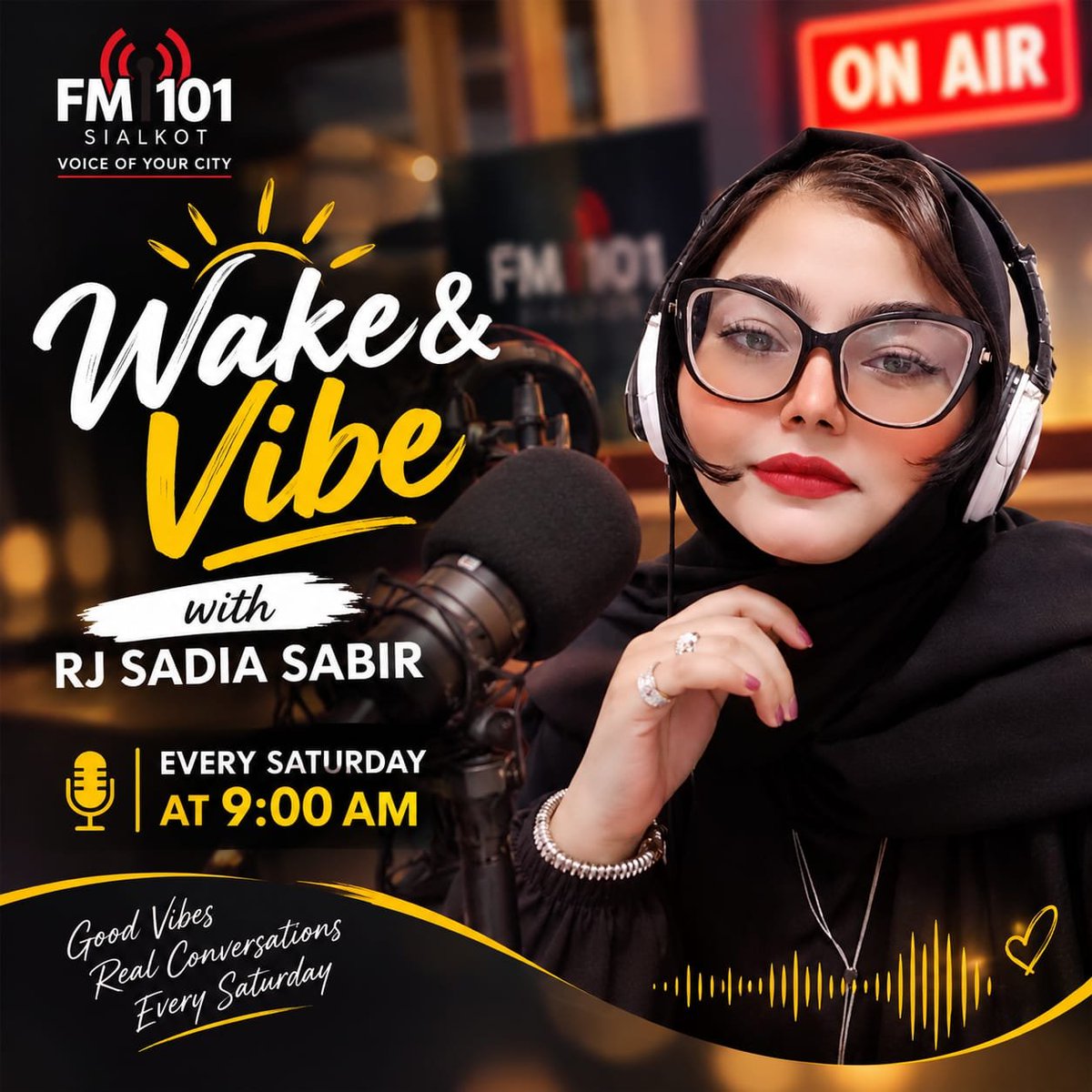 FM101Sialkot's tweet photo. 🎙️ #RJ #SadiaSabir LIVE on #Wake& Vibe!
🗓️ 10 Oct 2026 | ⏰ 9 AM
📞 Call: 052-4297101
📲 SMS: 101S <> 4471
#StayTuned to #FM101Sialkot, Radio Pakistan 🇵🇰
#rjsadiasabir #radio #SaturdayVibes #Trending #RadioPakistan https://t.co/cR0larhdwj