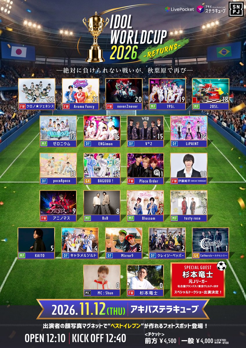 SNproject_info's tweet photo. ⚽️ SPECIAL GUEST ⚽️

11/12(木)開催
「IDOL WORLD CUP 2026 -RETURNS-」

元Jリーガー 杉本竜士さん(@ryujisugimoto61)の出演が決定！🏆

オープニングの「KICK OFF CEREMONY」にて、スペシャルトークショーを実施！

#杉本竜士 
#verdy
#zelvia
#grampus
#vortis
#fmarinos
#yokohamafc
#thespa https://t.co/xfK3wJ0wJ7