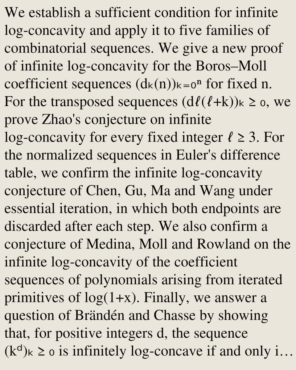 MCombinatorics's tweet photo. A unified approach to infinite log-concavity of combinatorial sequences

Matthew H. Y. Xie, Candice X. T. Zhang, Philip B. Zhang
https://t.co/kG76C95R06 [𝚖𝚊𝚝𝚑.𝙲𝙾] https://t.co/eXeFrLeZCc