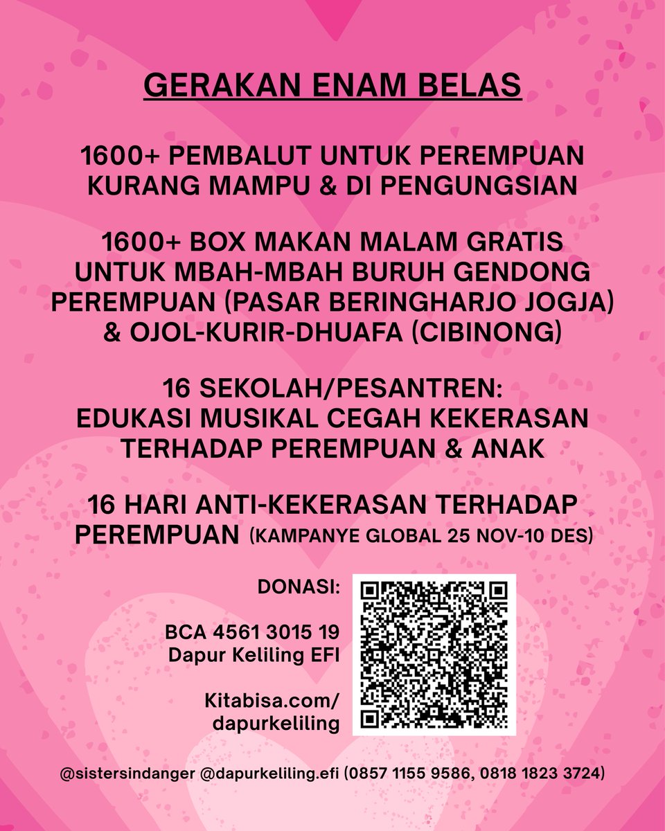 SistersInDanger's tweet photo. Kamu ga bisa beli pembalut karena ga punya uang?

Langsung aja WA ke https://t.co/II8KlNgXRE biar kami & donatur yang traktir. Adminnya cewe kok, jadi jangan sungkan.

Terima kasih banyak untuk kawan2 yang udah donasi & bantu RT, like, dll. Laporan nanti akan kami posting seminggu sekali 🙏💜

Yang mau donasi juga, bisa scan QRIS di poster atau klik https://t.co/uakuJ5691a. Bantu sebarkan ya, makasiiihh 😻

#RakyatBantuRakyat @dapurkelilingEF