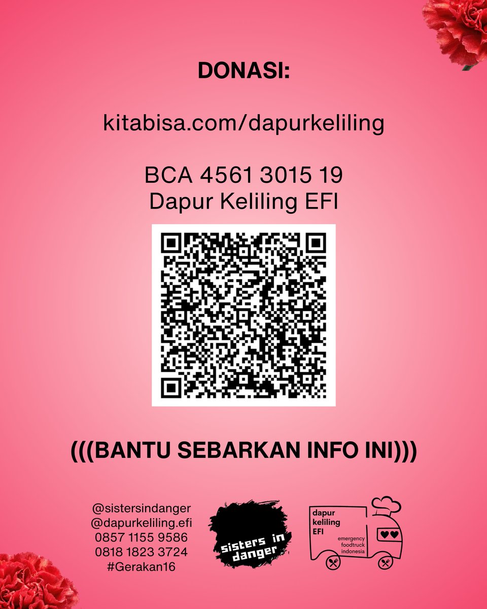 SistersInDanger's tweet photo. Kamu ga bisa beli pembalut karena ga punya uang?

Langsung aja WA ke https://t.co/II8KlNgXRE biar kami & donatur yang traktir. Adminnya cewe kok, jadi jangan sungkan.

Terima kasih banyak untuk kawan2 yang udah donasi & bantu RT, like, dll. Laporan nanti akan kami posting seminggu sekali 🙏💜

Yang mau donasi juga, bisa scan QRIS di poster atau klik https://t.co/uakuJ5691a. Bantu sebarkan ya, makasiiihh 😻

#RakyatBantuRakyat @dapurkelilingEF