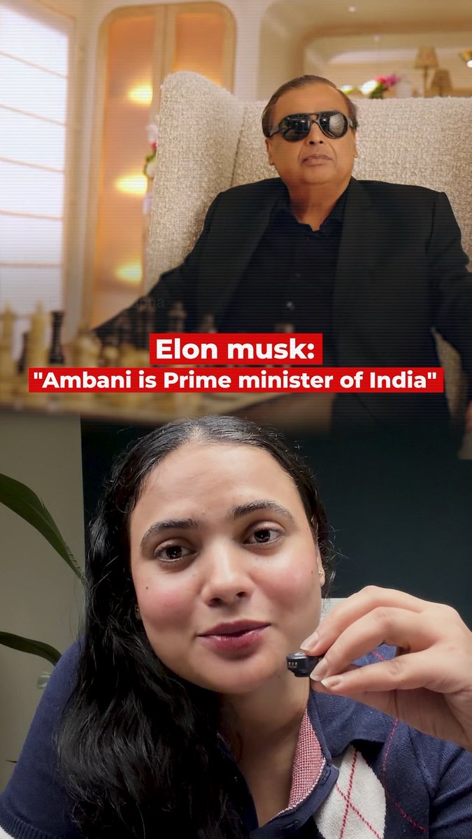 A meme image shows a man in sunglasses at the top with the caption 'Elon musk: "Ambani is Prime minister of India"' above a woman holding a small black object, appearing to record a reaction.