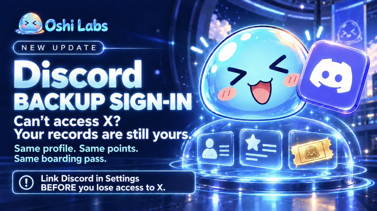 oshilabs's tweet photo. Even if you can’t log in with X, your records stay.

We added Discord backup login. Link it in Settings while you still can. If X is locked, you can return to the same profile, points, and boarding pass.

https://t.co/8cCHGW2sgm https://t.co/WWY3vkAY0q