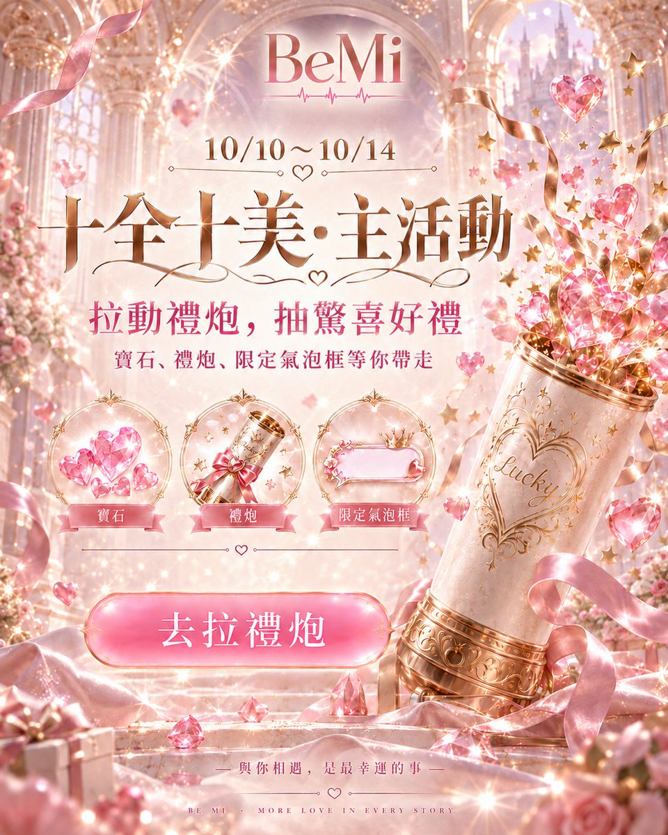 BeMi_office's tweet photo. 💘 BeMi「十分心動」活動正式開始！
今天開始，快來替你最心動的崽崽應援吧✨
拉動禮炮，幫你的完美男友衝上 十分心動榜 💜
活動期間還有限定 儲值優惠 🎁
寶石回饋＋禮炮應援一次補滿，想推誰上榜就趁現在！

這次的榜一，會是誰家的崽崽呢？👀
#BeMi https://t.co/msykYX8sSu