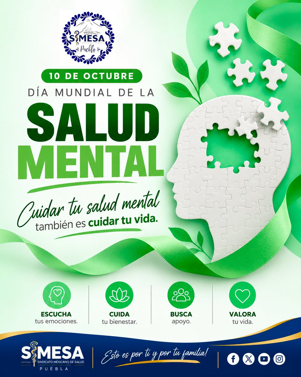 SSimesa17496's tweet photo. 🧠💚 10 de octubre | Día Mundial de la Salud Mental.
Cuidar tu salud mental también es cuidar tu vida.

Escucha tus emociones, prioriza tu bienestar y busca apoyo cuando lo necesites.

🩺 Quienes cuidan también merecen ser cuidados.

#SIMESAPuebla #SaludMental https://t.co/9gmMaL639U