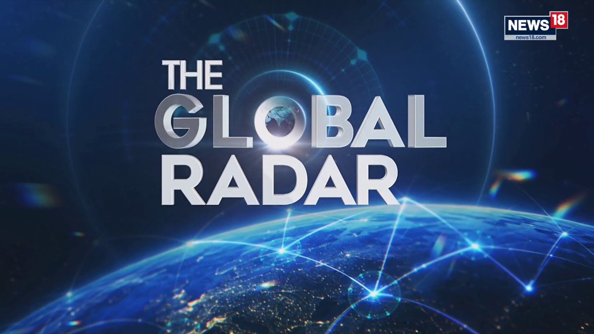 The image displays a news show title card for "THE GLOBAL RADAR" with the News18 logo in the upper right corner, set against a backdrop of Earth from space with a radar sweep graphic and glowing blue network connections highlighting global interconnectedness. The "Global Radar" branding visually reinforces the post's theme of monitoring international military developments, particularly Saudi Arabia's escalating counter-offensive against Iran-aligned Houthis under the Makkah Defense Pact.