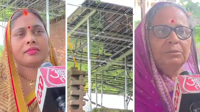 The image shows two women being interviewed by Aaj Tak (visible microphone logo "आज तक"), alongside a solar panel installation structure, illustrating how rural women in Ayodhya have benefited from solar-powered self-help group businesses.