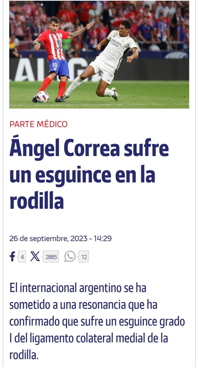 nachodonado's tweet photo. A los que veo que comparan las lesiones de Valverde y Correa les recuerdo que:

Olvidan deliberadamente que la de Correa fue GRADO I y la de Valverde GRADO III

Olvidan deliberadamente que el periodo de recuperación de una lesión de GRADO III es de 6-8 semanas y la baja de Valverde ha sido de 19 días

Olvidan deliberadamente que el periodo de recuperación de un esguince de GRADO I es de 1-2 semanas, y que Correa volvió a jugar 7 días después como estipula el periodo mínimo de baja, al contrario que Valverde

Olvidan deliberadamente que Valverde se levantó al segundo de recibir la entrada de Kang In en la que supuestamente se lesionó

Olvidan deliberadamente que Valverde continuó jugando sin ningún problema durante una buena cantidad de minutos

Olvidan deliberadamente que Correa se perdió el partido siguiente por lesión

Olvidan deliberadamente que, pese a que efectivamente jugó de nuevo a los 7 y 10 días, recayó por las prisas y se perdió otro partido cuando se le acusó de que no estaba lesionado

Tanto entonces como ahora la realidad se trató de manipular desde el mismo lado, y lo triste es que la gente se siga dejando intoxicar y manipular