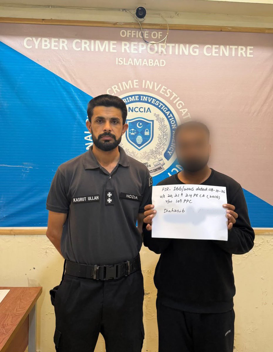 NCCIAOFFICIAL's tweet photo. NCCIA Islamabad has arrested an accused allegedly involved in online harassment and blackmailing of a female complainant using sexually explicit images/videos. 
The accused allegedly shared the complainant’s objectionable image with her family.
During the operation, 01 mobile phone was recovered.
FIR has been registered under Sections 20, 21 and 24 of PECA 2016 read with Section 109 PPC. Further investigation is underway.

#NCCIA #slamabad #CyberCrime
