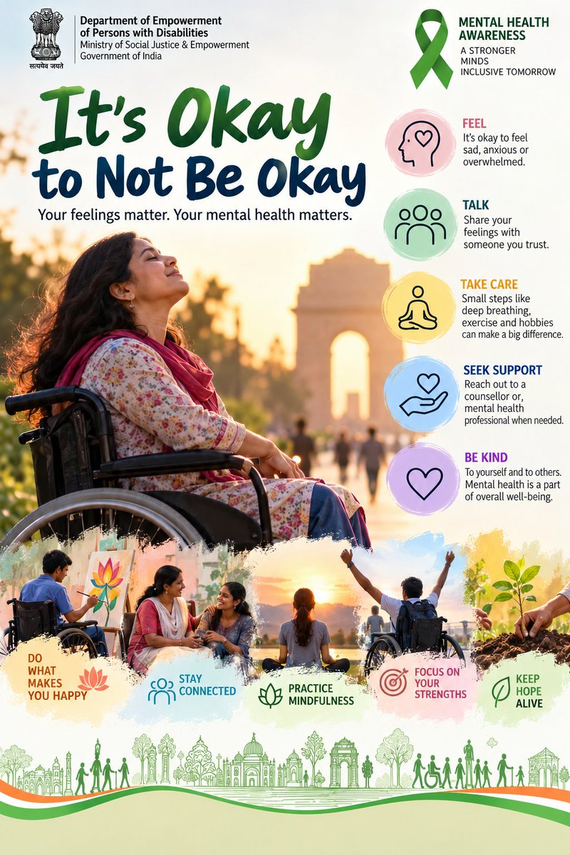 socialpwds's tweet photo. Mental Health Matters: Every Mind Deserves Care and Compassion

Mental health is an integral part of overall well-being. Let us foster a society where every individual feels heard, supported, and empowered to seek help without fear of stigma or discrimination.

Promoting awareness, encouraging open conversations, and ensuring access to appropriate support are essential steps towards building a healthier, more inclusive society.

Let us break the stigma, embrace empathy, and make mental well-being a shared priority.

#MentalHealthAwareness #MentalHealthMatters #InclusiveIndia #BreakTheStigma #WellBeing

@PMOIndia @Drvirendrakum13 @blvermaup @nimhrsehore @pib_MoSJE