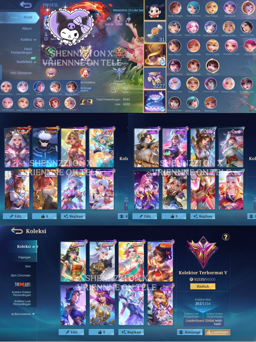 shennzziv2's tweet photo. wts akun ml safe pendemanku 1b, besok bisa ce allkos ga kgm. full kadita, full cici, full zetian, xavier gojo, angela cc, flo &amp; change sanrio, lunox leg, etc. recall kucink imup &amp; lily, sl frag 3k, permen 31, cn season on. 💵650k, bisa keep dulu. #bealanja #zonauang https://t.co/LYBwYR2LgS