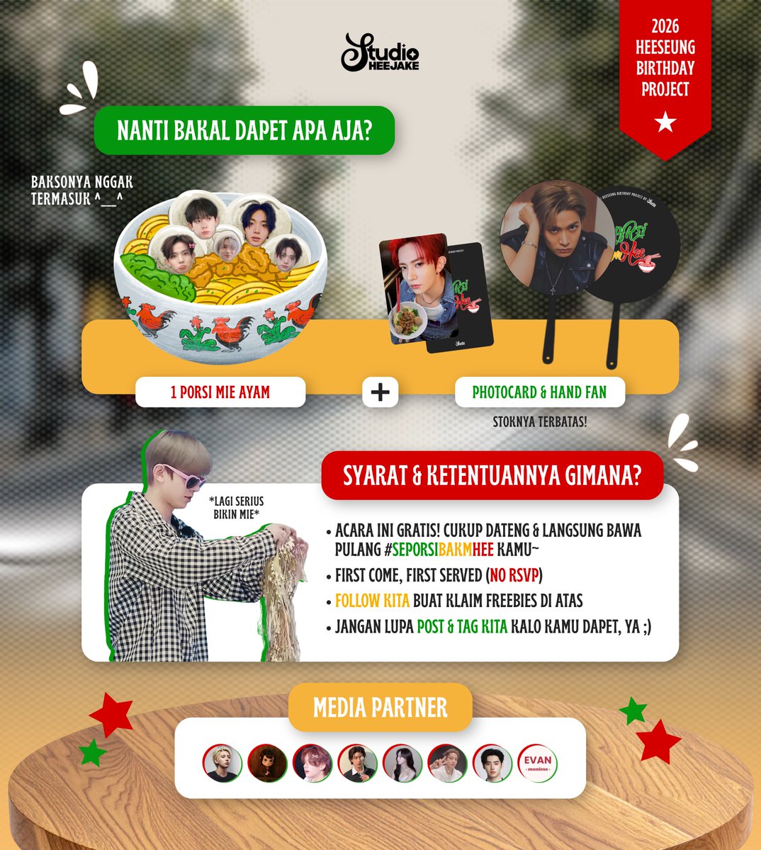 studioheejake's tweet photo. 𝗟𝗮𝗽𝗲𝗿? 𝗦𝗲𝗽𝗼𝗿𝘀𝗶 𝗕𝗮𝗸𝗺𝗛𝗲𝗲 𝗱𝘂𝗹𝘂! 🍜
2026 Heeseung Birthday Project

📅 Minggu, 18 Oktober 2026
⏰ Mulai 12.00 WIB
📍 Blok M, Jakarta

Cek poster di bawah ini &amp; follow kita buat info selanjutnya! 💚

#SeporsiBakmHee #HEESEUNG #희승 https://t.co/h9jomg8UqO