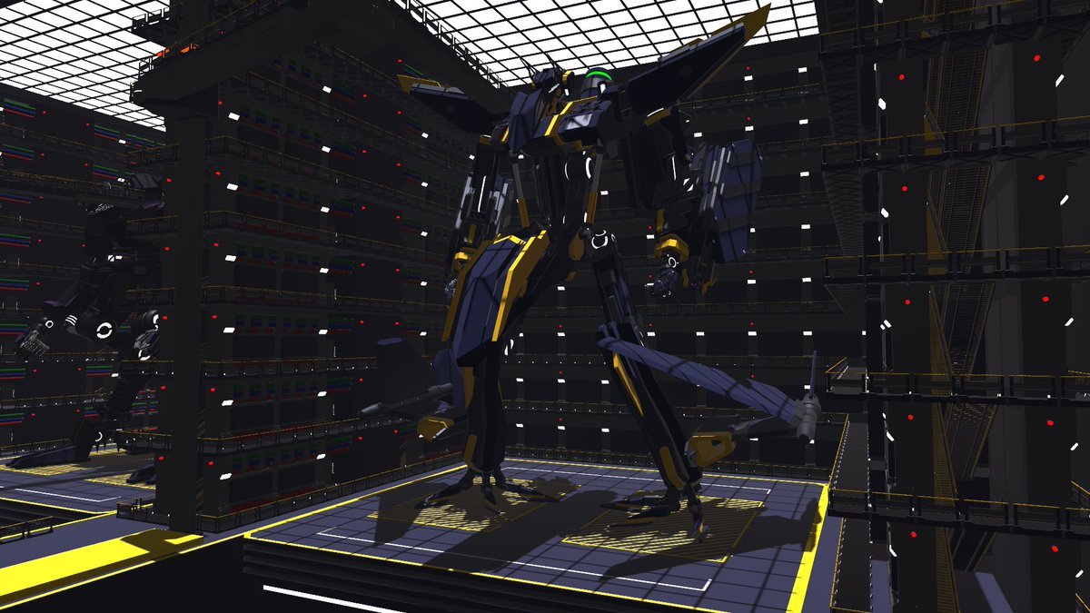 AscenderVRC's tweet photo. 作っていたロボット格納庫にライティングを追加しました。
一部機体にはコックピットが作りこんであり、座ることが出来ます。
ラボは後日公開します。

＃VRC https://t.co/qYLBdEY9D1