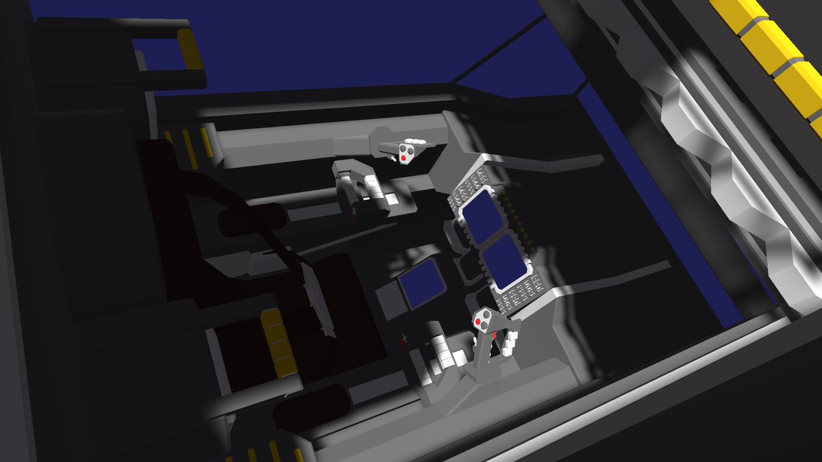 AscenderVRC's tweet photo. 作っていたロボット格納庫にライティングを追加しました。
一部機体にはコックピットが作りこんであり、座ることが出来ます。
ラボは後日公開します。

＃VRC https://t.co/qYLBdEY9D1