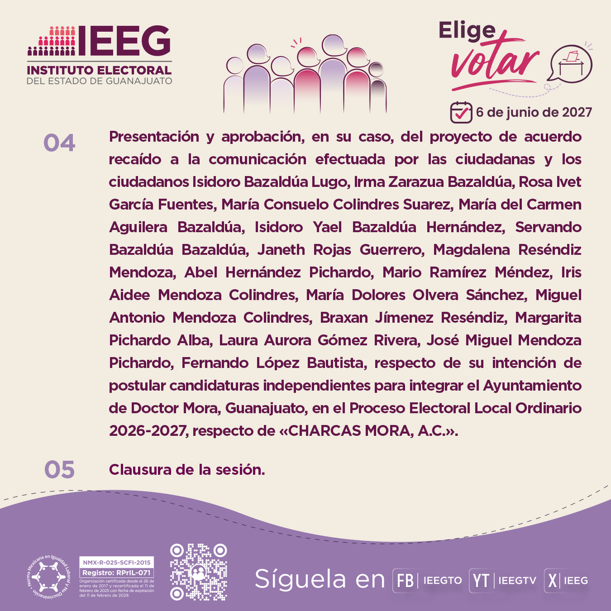 IEEG's tweet photo. 🟣 | Sesión extraordinaria urgente del Consejo General

Transmisión #EnVivo por nuestras redes sociales a las 23:00 horas. 📲💻🖥️

#EligeVotar https://t.co/WMjSLcYox7
