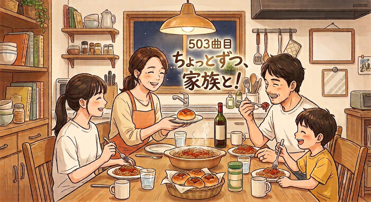 1972toshisan's tweet photo. 503曲目　ちょっとずつ、家族と！

言葉がうまくいかない日も、温かい料理を囲めば心はほぐれる！！
＃癒し
＃自己肯定

https://t.co/HxD7y1BRCh

心ゆくまで曲を楽しみたい方、これからの歌作りを応援していただける方は、ぜひショップを覗いてみてください👇
https://t.co/vI6bPh967x https://t.co/vMm26tOCzV
