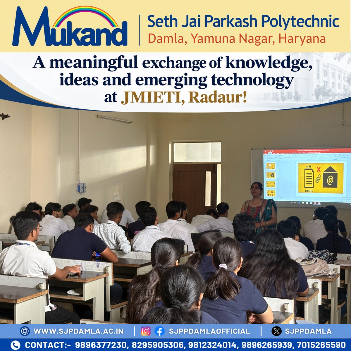 sjppdamla's tweet photo. Expert Session under the Faculty Exchange Programme on “How Big Data Works with Artificial Intelligence” was conducted at JMIETI, Radaur, Yamunanagar, Haryana
#FacultyExchangeProgramme #ExpertSession #BigData #ArtificialIntelligence #AI #Technology #BCA @Jmietiradaur https://t.co/tXk5Ifx0km
