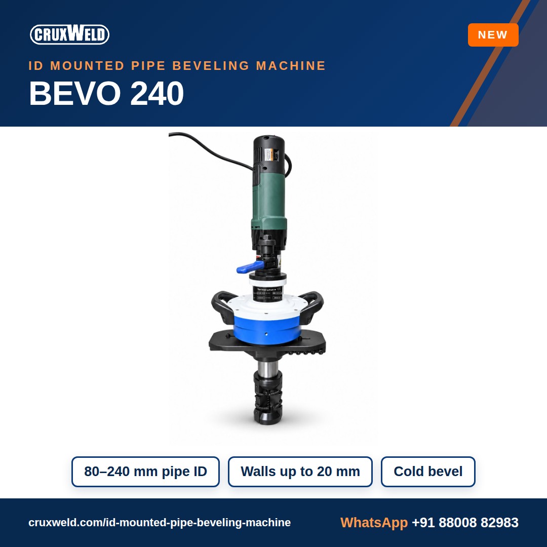 cruxweld's tweet photo. New: CRUXWELD BEVO 240 ID mounted pipe beveling machine. Locks inside the bore and bevels pipe ID 80–240 mm, walls up to 20 mm, at 0°, 30° or 37.5°. 1800 W, 220 V. No grinding.
https://t.co/5SwbTpjgaL
#PipeBeveling #WeldPrep https://t.co/1Asqf6vJge