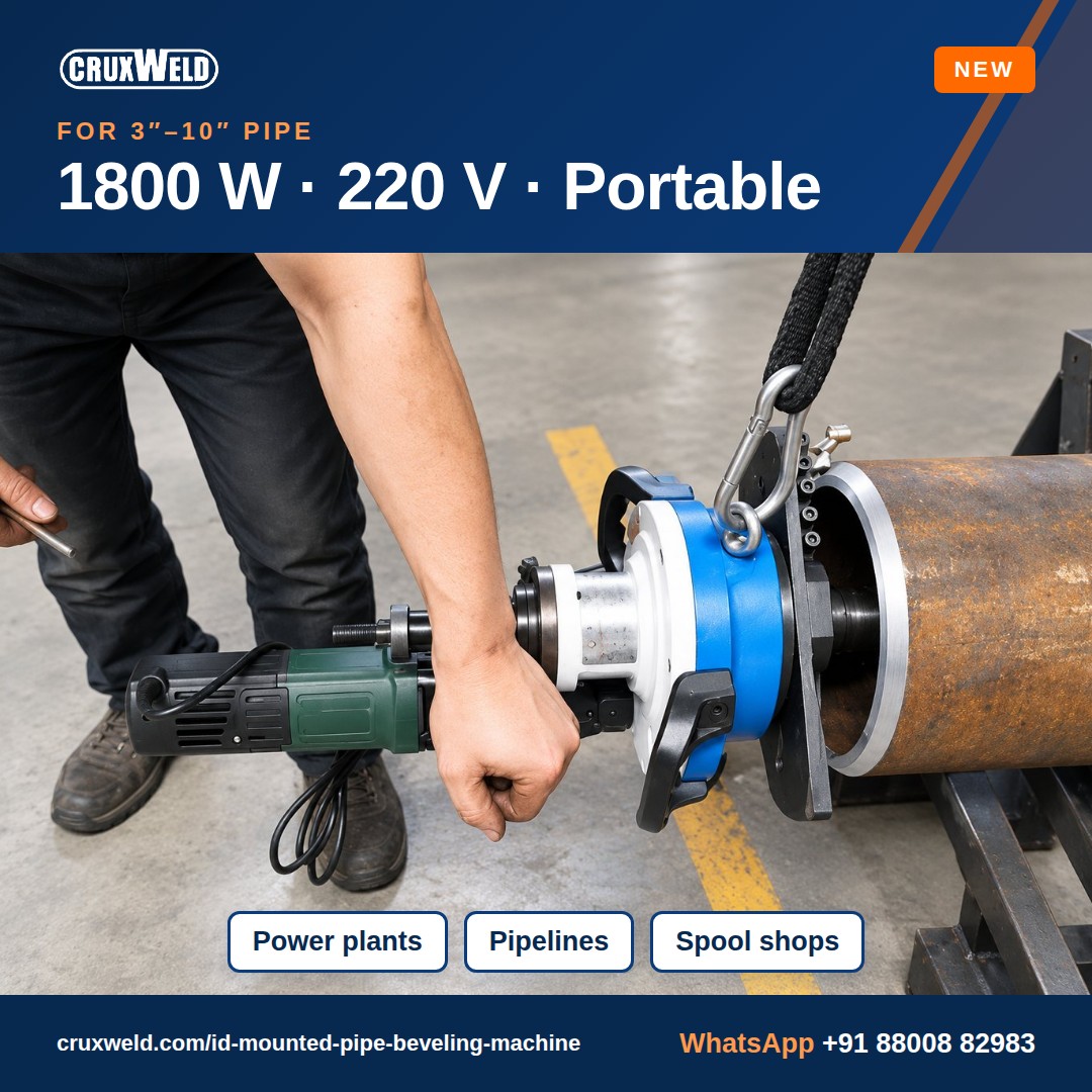 cruxweld's tweet photo. New: CRUXWELD BEVO 240 ID mounted pipe beveling machine. Locks inside the bore and bevels pipe ID 80–240 mm, walls up to 20 mm, at 0°, 30° or 37.5°. 1800 W, 220 V. No grinding.
https://t.co/5SwbTpjgaL
#PipeBeveling #WeldPrep https://t.co/1Asqf6vJge