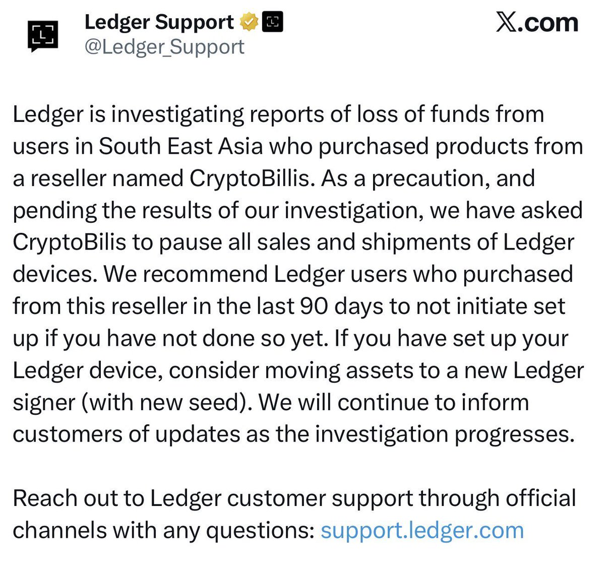 wonso_BS's tweet photo. Ledger is investigating a potential theft involving $86 million in cryptocurrency, linked to hardware wallets sold by a Southeast Asian distributor. https://t.co/NxlShttGVW