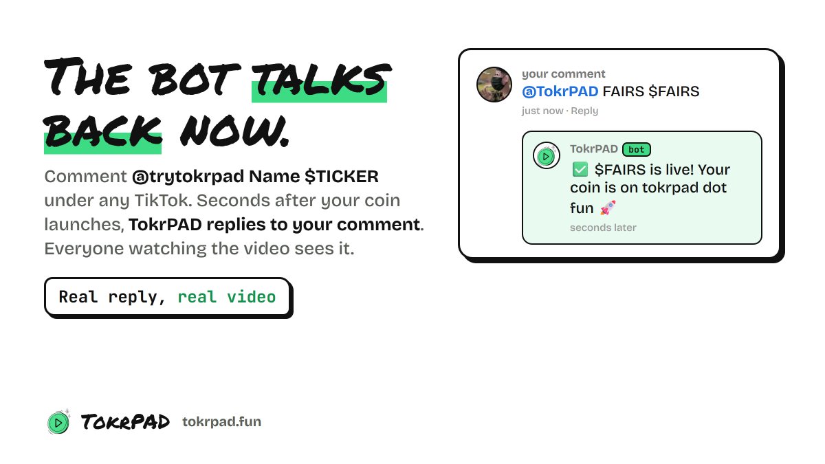 tryTokrPAD's tweet photo. New: the bot now replies to you on TikTok. 🤖

Comment @trytokrpad Name $TICKER under any video, and a few seconds after your coin launches, TokrPAD replies to your comment to tell you it's live.

Everyone watching that video sees it too. https://t.co/ISedGigWdY