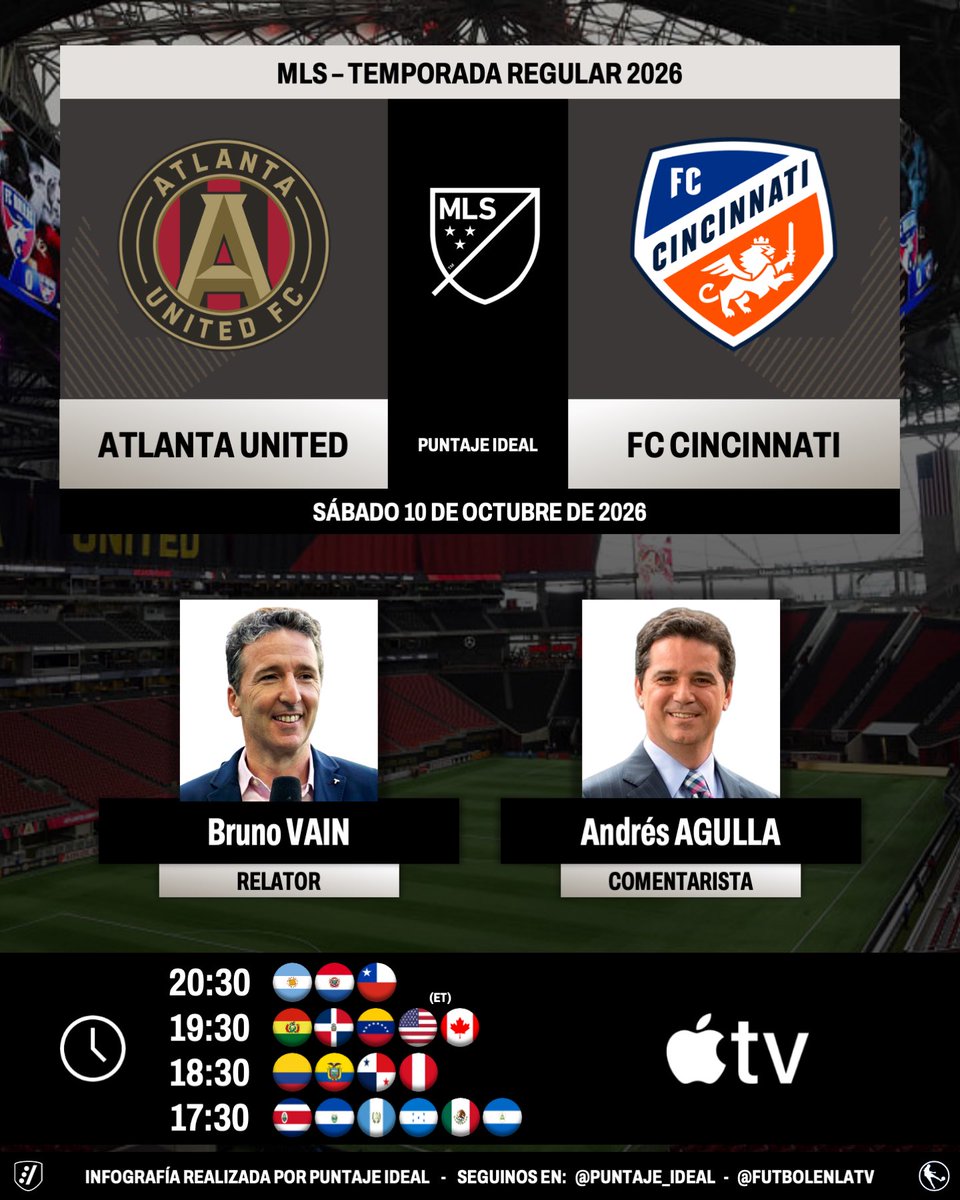 PuntajeIdealEC's tweet photo. ⚽ #MLS 🇺🇸 | #AtlantaUnited vs. #FCCincinnati
🎙 Relator: @brunovain
🎙 Comentarista: @aagulla_TV
💻📱 @AppleTV
🤳 #ATLvCIN
Dale RT 🔃 https://t.co/W52Qu4O7Xw
