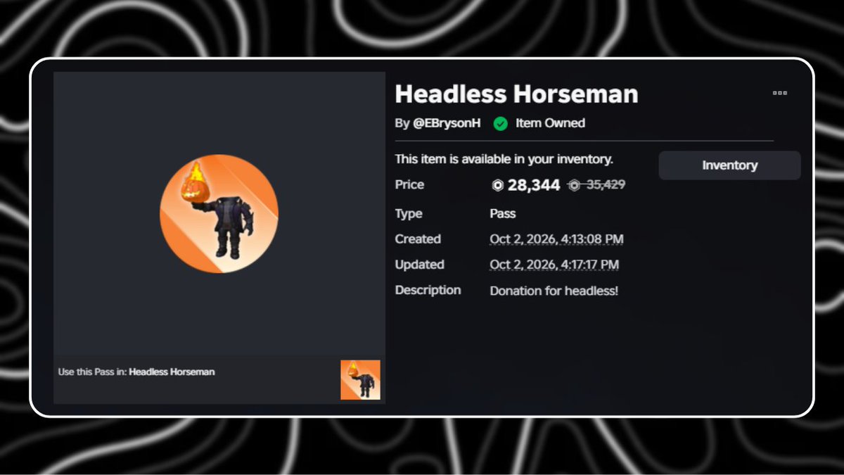 fortunatelypine's tweet photo. Day 9 of asking for Headless Horseman  
-------------------------------------------  
Game's store is linked below in the comments, if you'd like to buy me headless or make a donation.   

Progress: (214/24,800)   
Every donation counts!
#Roblox #HeadlessHorseman #RBLX https://t.co/nMxXTYwD1S
