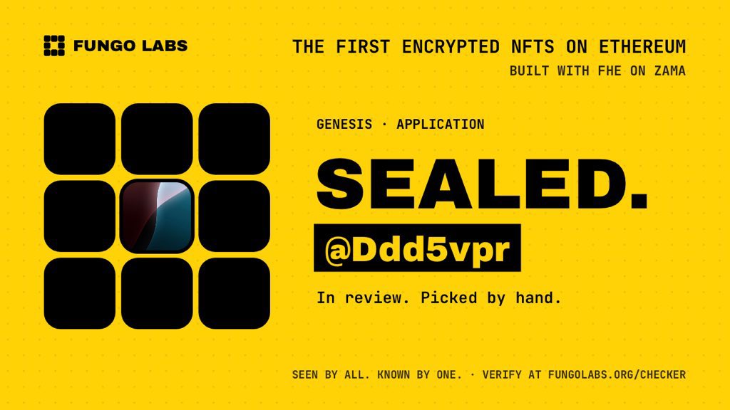 Ddd5vpr's tweet photo. @FungoLabs @zama Encrypted NFT powered by FHE. Everyone can see the token exists, but only the owner can reveal its secret. Fungo Labs brings true privacy on Ethereum, reshaping what ownership means in Web3. https://t.co/bTy6lPLE3f