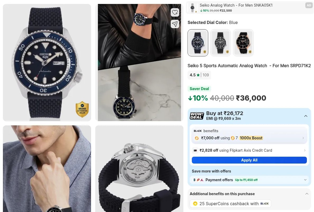 SurendraMsuren's tweet photo. Live screenshot. ₹36,000 → ₹26,172 with 7 SuperCoins (BLACK 1000x Boost) + Flipkart Axis card. Sold by RAMAWATCHBOUTIQUE, 4.6★. https://t.co/hki7gDg5Vh