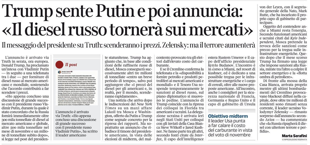 francofontana43's tweet photo. Trump sente Putin e poi annuncia
“Il diesel russo tornerà sui mercati“
Il disappunto di Zelensky
@martaserafini, @Corriere https://t.co/nDuXhjinrd