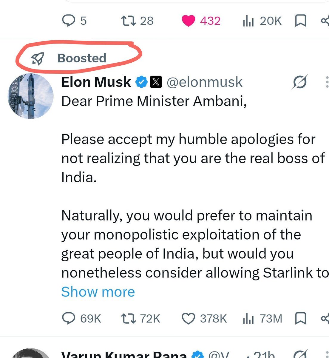 KiranKS's tweet photo. Elon Musk must be desperate.. 

He might be the world's first trillionnaire. But all those massive Dollars didn't get him past PM Narendra Modi's cabinet approvals still. India stands firm. 

He is boosting his own post, on his own platform. 
Height of desperation 😀😁 https://t.co/qrHg1gDIC6