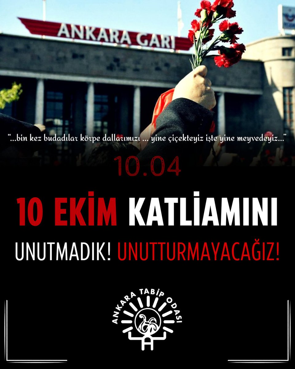 ankaratabipoda's tweet photo. 10 Ekim Katliamı İnsanlığa Karşı İşlenen Bir Suçtur!

10 Ekim 2015'te Ankara Garı önünde barış, emek ve demokrasi mücadelesinde yitirdiğimiz 104 canımızı özlemle ve saygıyla anıyor, bu vahşete neden olan karanlığı bir kez daha kınıyoruz.

Yitirdiğimiz yurttaşlarımızın anısını yaşatmaya, demokrasiyi, adaleti ve eşitliği savunmaya devam edeceğiz.

10 Ekim'i Unutmadık, Unutturmayacağız!

#10EkimAnkaraGarKatliamı #10Ekim