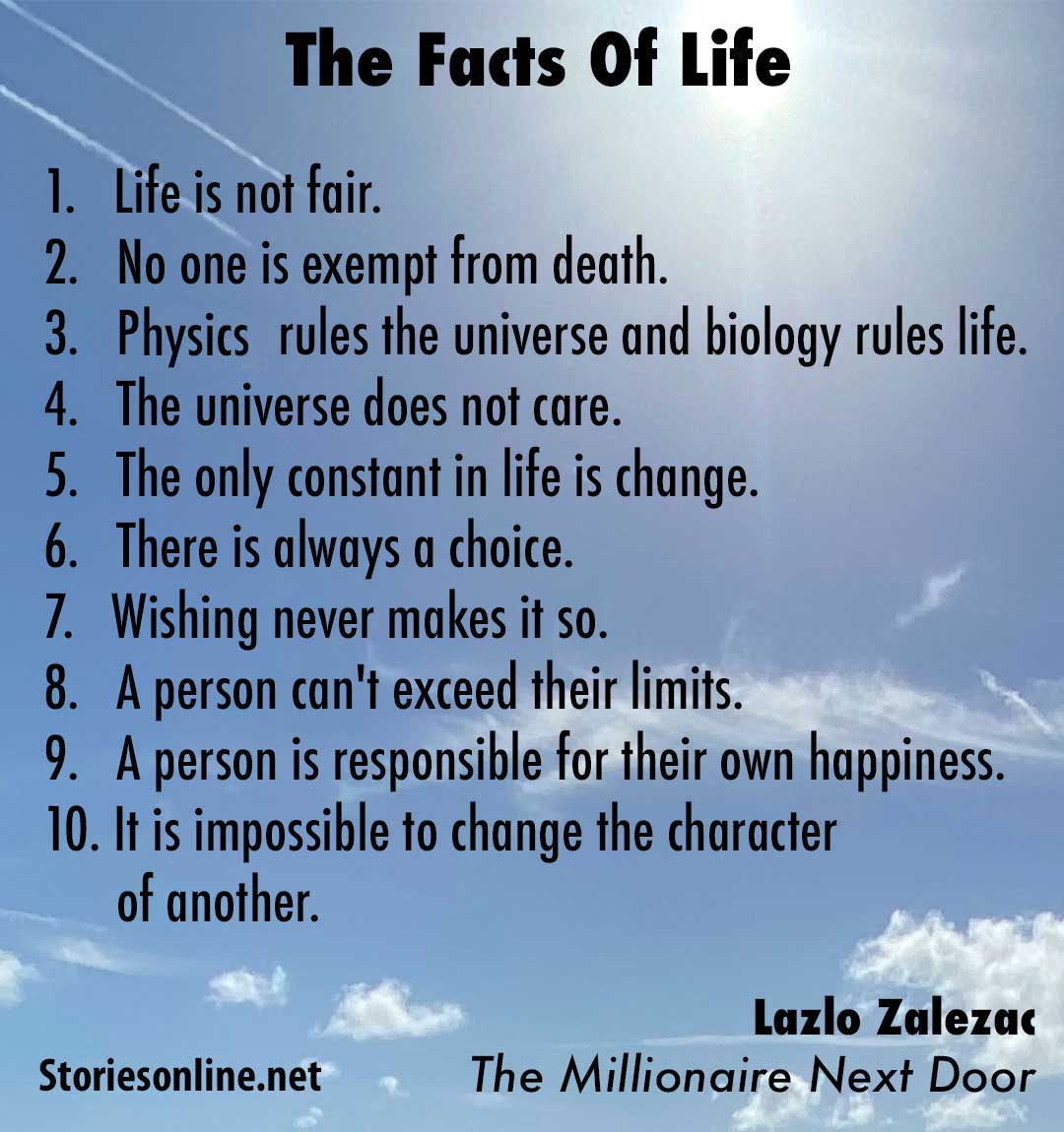 storiesonline's tweet photo. The Facts Of Life
1. Life is not fair.
The Millionaire Next Door by Lazlo Zalezac
https://t.co/wH7hrXCFfP
#GoodRead #MemorableQuotes #Quotes https://t.co/3Ppa9Cy15P