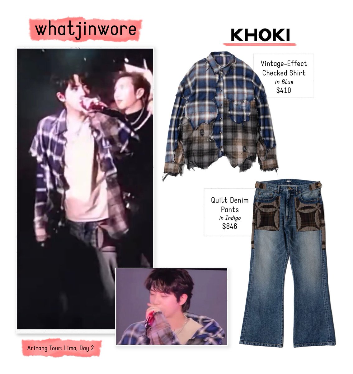 whatjinwore's tweet photo. What Jin Wore:                
• Vintage-Effect Checked Shirt by Khoki ($410 | ¥64,900)
• Quilt Denim Pants by Khoki ($846 | ¥134,200)

📸: Arirang Tour (Lima, Day 2) (261009) https://t.co/cxkMsDrhNO