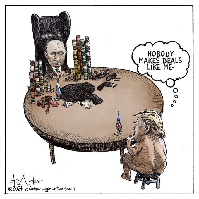 A political cartoon shows Vladimir Putin sitting in an oversized chair behind a giant poker table stacked with massive piles of chips, with his thought bubble reading "NOBODY MAKES DEALS LIKE ME," while a much smaller Donald Trump sits on a tiny stool on the opposite side with a small American flag—illustrating de Adder's commentary on the unequal power dynamic in negotiations between the two leaders.
