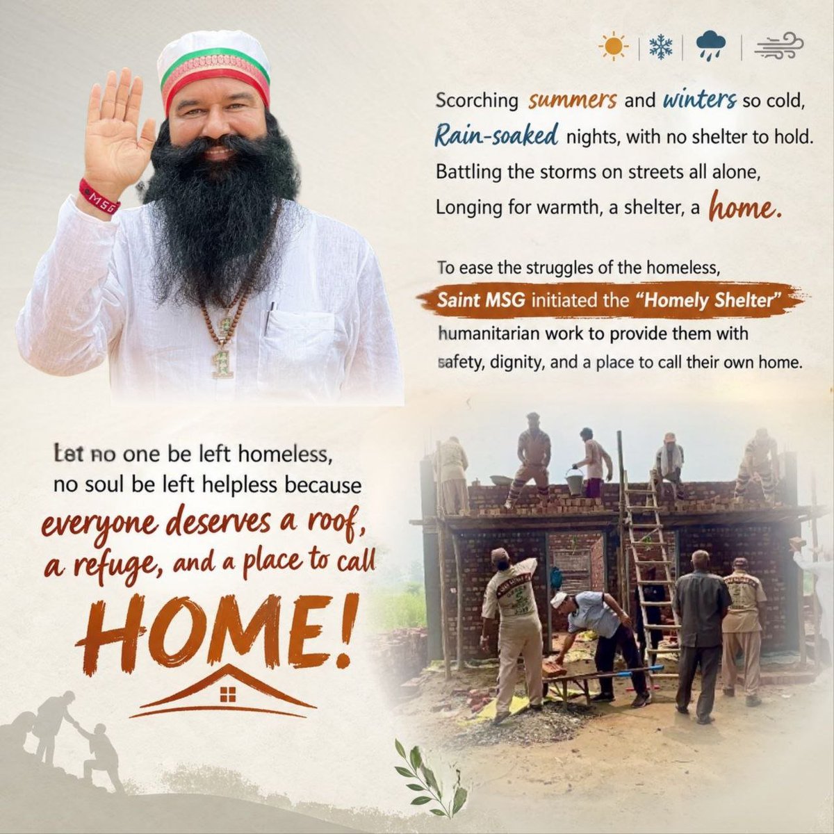insan_m_137's tweet photo. A roof over one’s head is not a luxury, but a basic human need. Through the ‘Aashiyana’ initiative, Saint Gurmeet Ram Rahim Singh Ji inspires humanity by helping build homes for the homeless and needy. Let’s spread kindness
#WorldHomelessDay
Homely Shelter
https://t.co/PRboQY0J6P https://t.co/BBjNuQd7U3