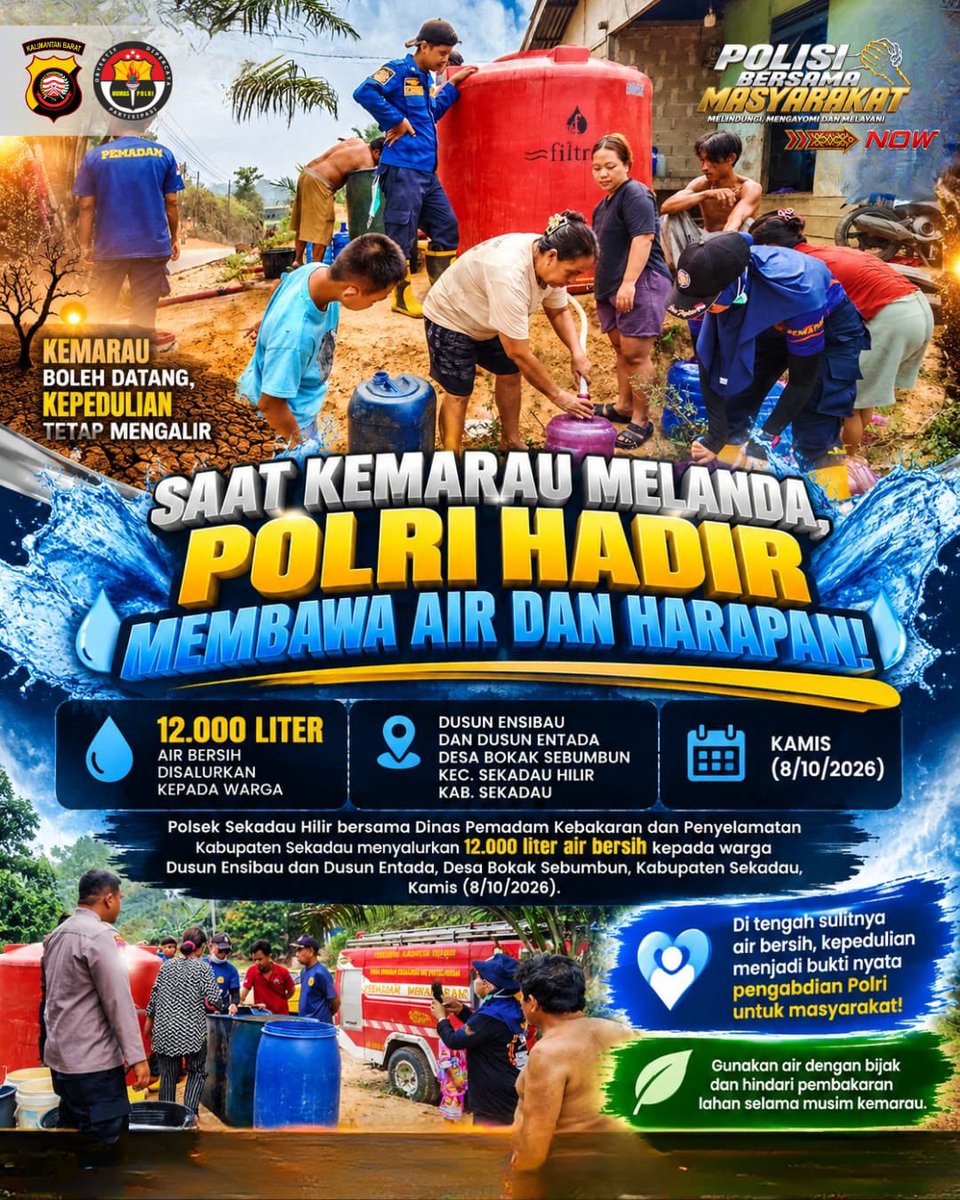 BidhumasKalbar's tweet photo. SAAT KEMARAU MELANDA, POLRI HADIR MEMBAWA AIR DAN HARAPAN! 

Polsek Sekadau Hilir bersama Dinas Pemadam Kebakaran dan Penyelamatan Kabupaten Sekadau menyalurkan 12.000 liter air bersih kepada warga Dusun Ensibau dan Dusun Entada, Desa Bokak Sebumbun, Kabupaten Sekadau https://t.co/PpcXsAwE6q