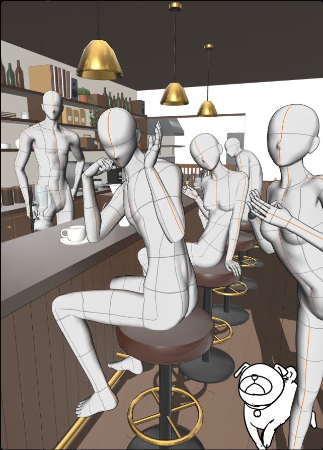 untitled_st's tweet photo. 集合絵の制作過程
背景モデルにはテクスチャを使ってないのでフローリングやカウンターの板貼りが綺麗に線で出ます
そしてポーズ人形を配置し背景だけLT変換して空間を歪めます。
それに合わせてポーズ人形の身長を260cmにしたり床にめり込ませたりします
さらに力技で嘘パースを成立させつつ完成 https://t.co/rdVF4igXzN