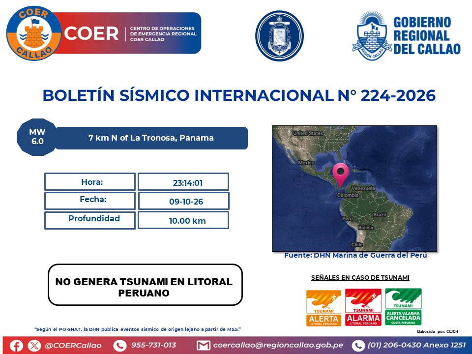 COERCallao's tweet photo. SISMO INTERNACIONAL N°0224 -7 km N of La Tronosa, Panama #Callao #Bellavista #CarmenDelaLeguaReynoso #laPerla #LaPunta #MiPeru #Ventanilla #GobiernoRegionalDelCallao #COERInforma https://t.co/0wBnixFeYI