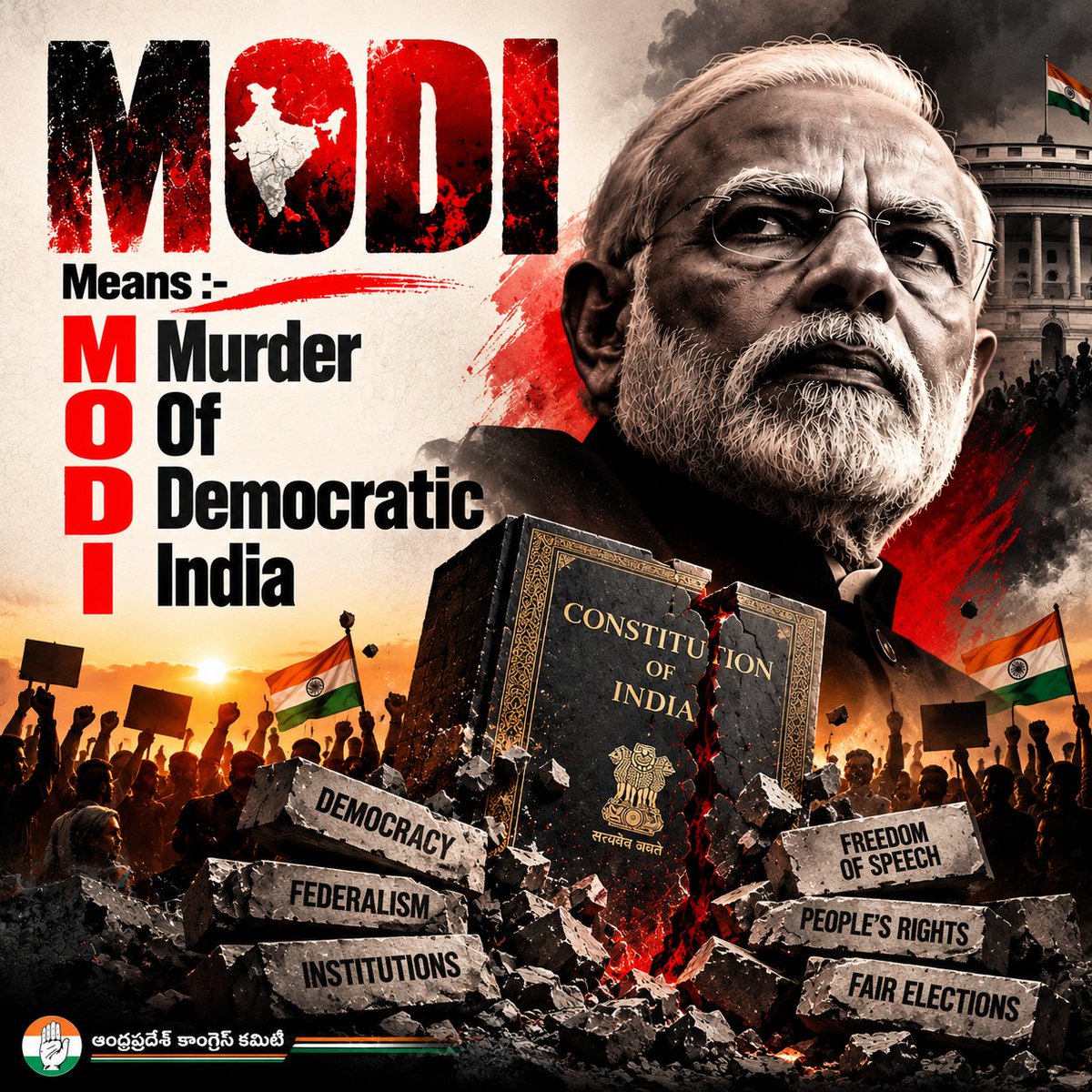 INC_Andhra's tweet photo. MODI Means:- 

Murder 
Of 
Democratic 
India. https://t.co/sCMurHUL6U
