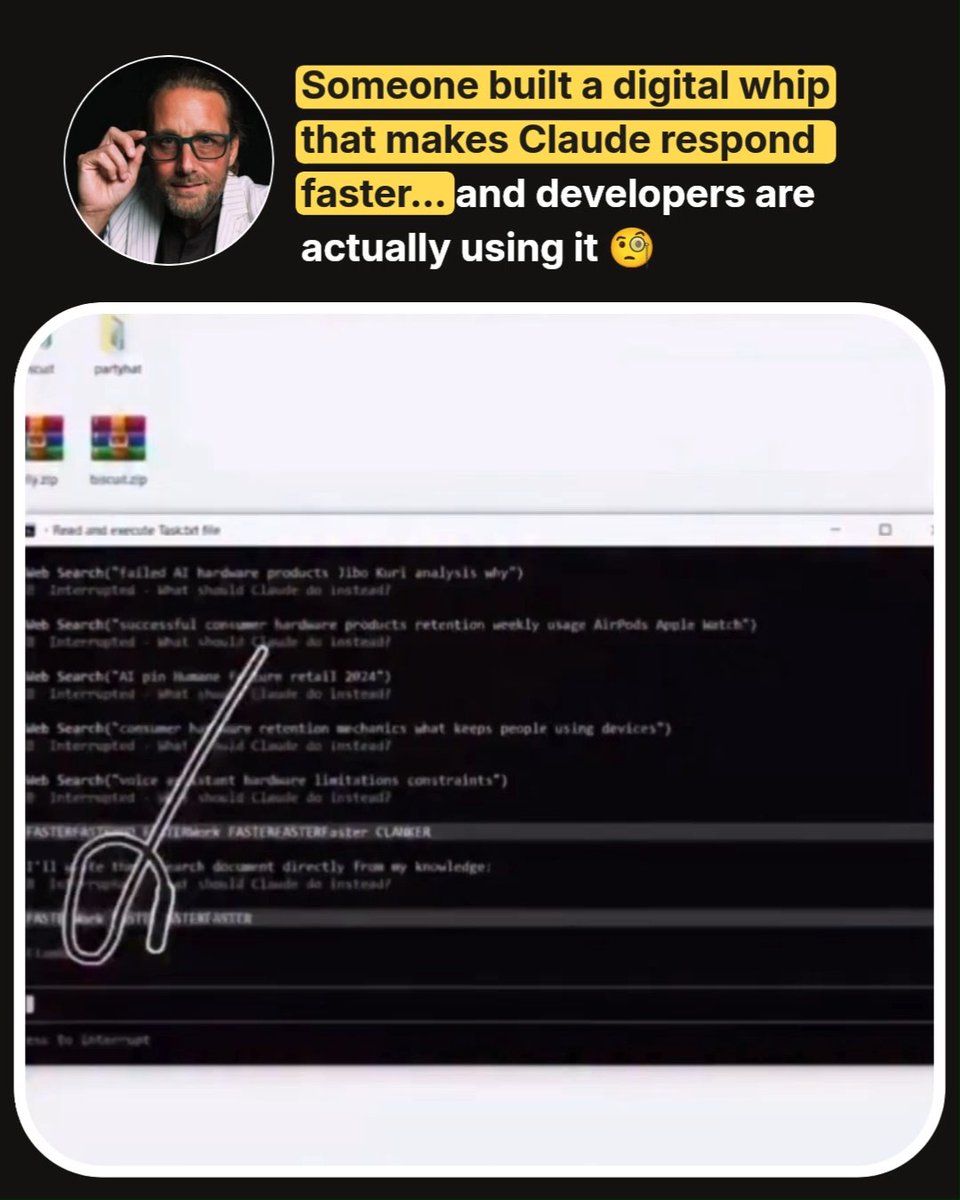 A social media post with text "Someone built a digital whip that makes Claude respond faster... and developers are actually using it" featuring a screenshot of terminal code with web search queries and the word "FASTER" repeated multiple times, with a drawn whip overlay.