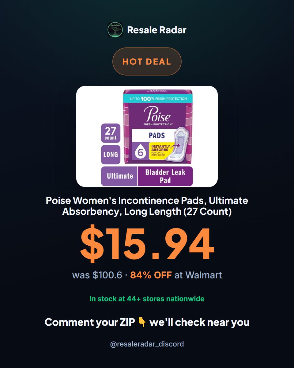 ResaleRadar8's tweet photo. $15.94 Poise Ultimate Absorbency pads at Walmart. 84% off clearance. 44+ stores. Grab yours. #ClearanceAlert

Check stock today. Link in bio. #clearance #deals https://t.co/jCxp5qxPLU