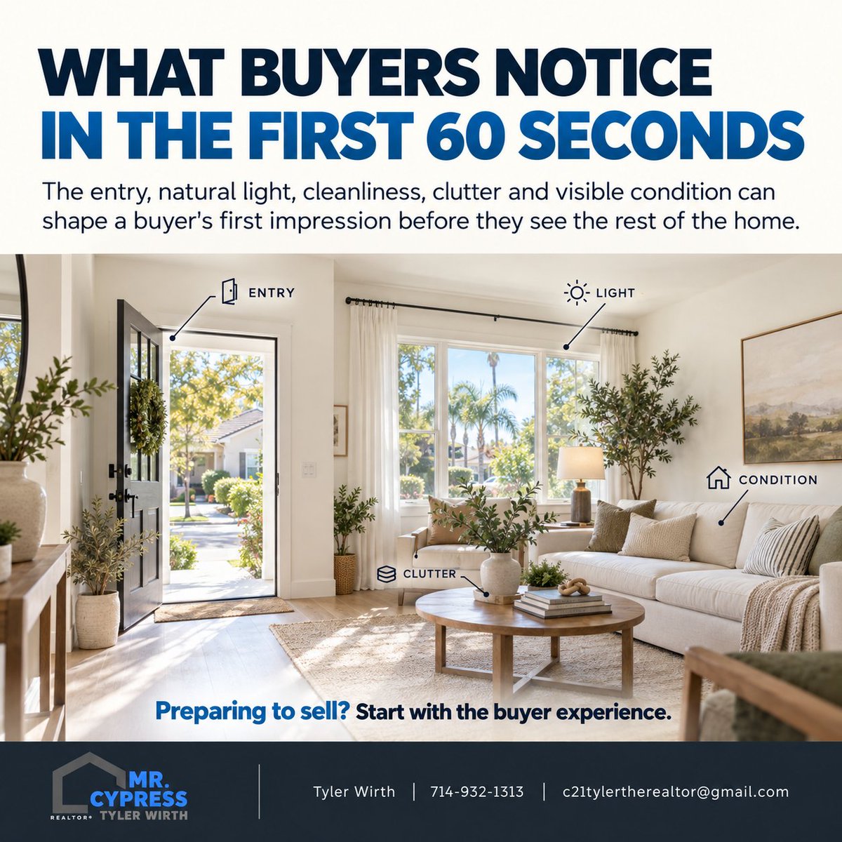 TheRealtorTyler's tweet photo. Buyers decide in the first 60 seconds!
If you're selling your Cypress home, the entry, light, and clutter matter most. Let's get your home market-ready.
Tyler Wirth | 714-932-1313
#CypressRealEstate #TylerWirthRealtor #MrCypress https://t.co/DL71Y54U1j