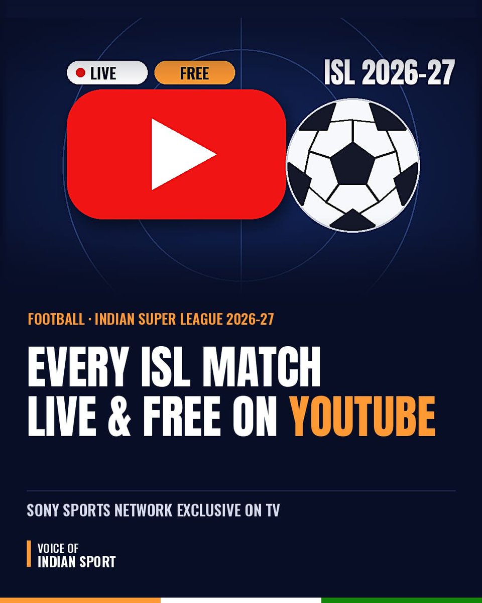 VoiceofIndianF1's tweet photo. Every match of the upcoming Indian Super League season will stream live and free on YouTube, with Sony Sports Network as the exclusive TV broadcaster.
The biggest ISL season yet, now accessible to everyone.
#ISL #IndianFootball #VOIF #MGIndianSuperLeague https://t.co/NxFHtnD3bb