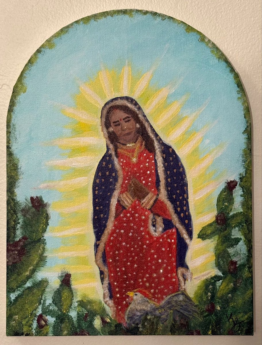 KrisLovesMovies's tweet photo. This evening I took out my acrylics and painted a Dorothy inspired La Virgen de Guadalupe 🇲🇽 using the moment when Subbu sits amongst the cacti (one of my favorite frames) for further inspo!

I present you La Virgen de Madurai 🐓 🌵 

@karthiksubbaraj @DhammamFilms @Sananth__ https://t.co/6acrW9dTcL