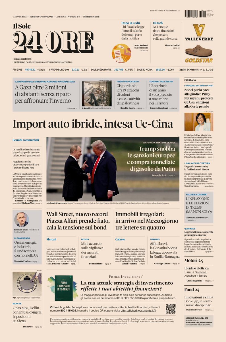 sole24ore's tweet photo. Sulla prima pagina de #IlSole24Ore di oggi, sabato #10ottobre. Import auto #ibride, intesa Ue-Cina. #Trump snobba le sanzioni europee e compra tonnellate di gasolio da Putin. #Immobili irregolari: in arrivo nel Mezzogiorno tre lettere su quattro.

#BuonaLettura #PrimaPagina https://t.co/XC2IA9cAqv