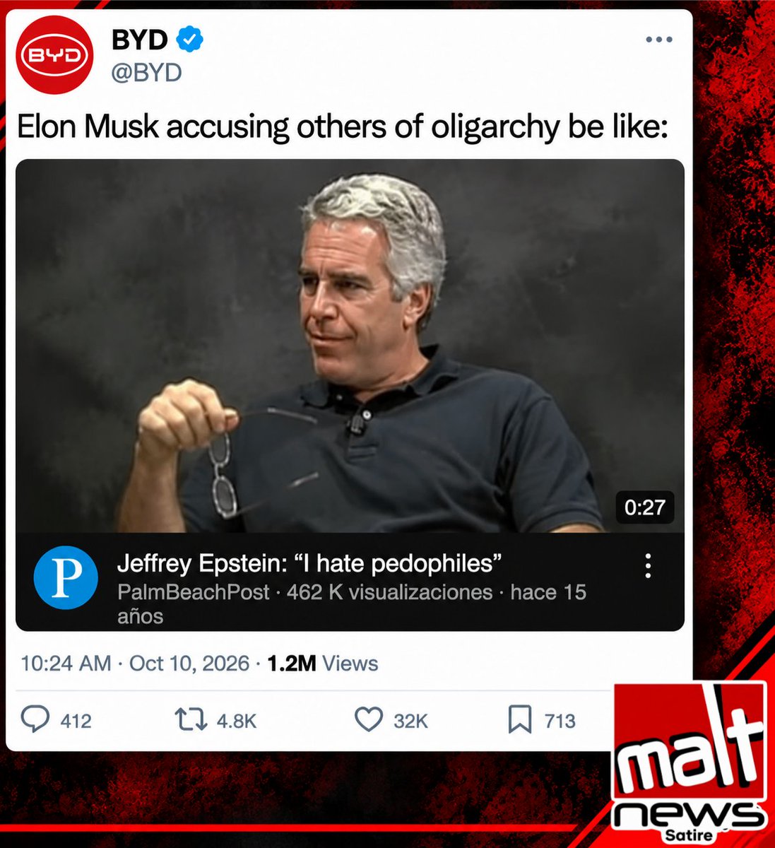 maltnewss's tweet photo. BREAKING:
BYD CEO TROLLS ELON MUSK AFTER HIS OLIGARCHY JIBE AT AMBANI https://t.co/NRAarpImC0