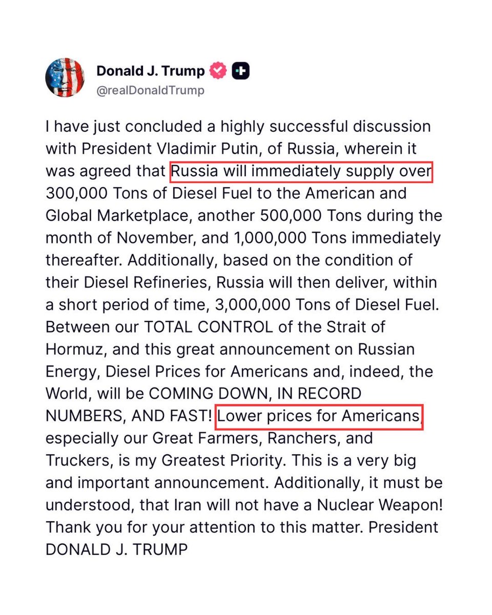 enggbhatta's tweet photo. With effect from 10th October, America is charging 100% tariff on American products for buying Russian oil.
@realDonaldTrump when are you signing executive order? https://t.co/WD9lBuhHOE